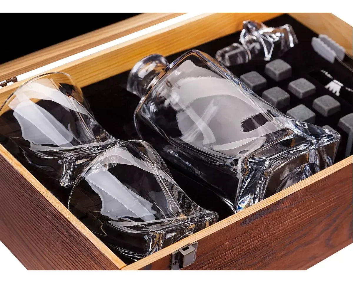 Whisky Decanter with Glasses, Whiskey Stones & Wooden Gift Box