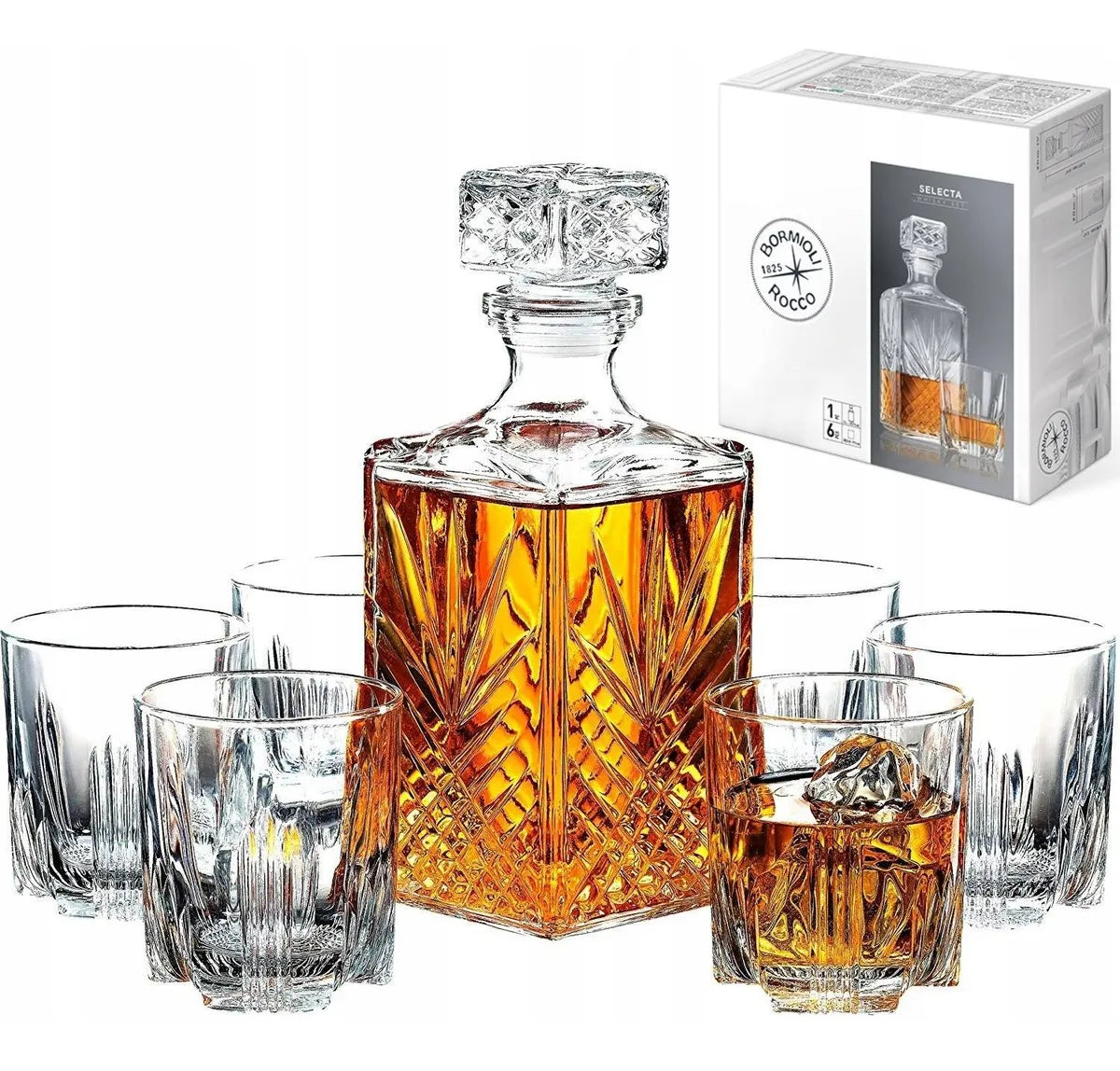 Glass Whisky/Liquor Bottle Set + 280ml Glass Tumblers Kit (6 Pieces)