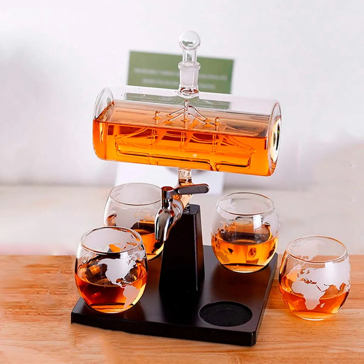 Navigation Decanter with Wooden Base and Four Glasses