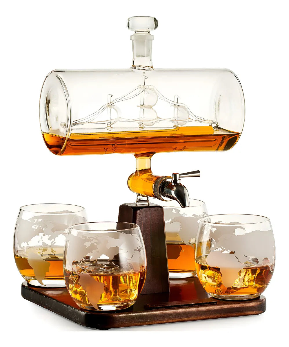 Navigation Decanter with Wooden Base and Four Glasses