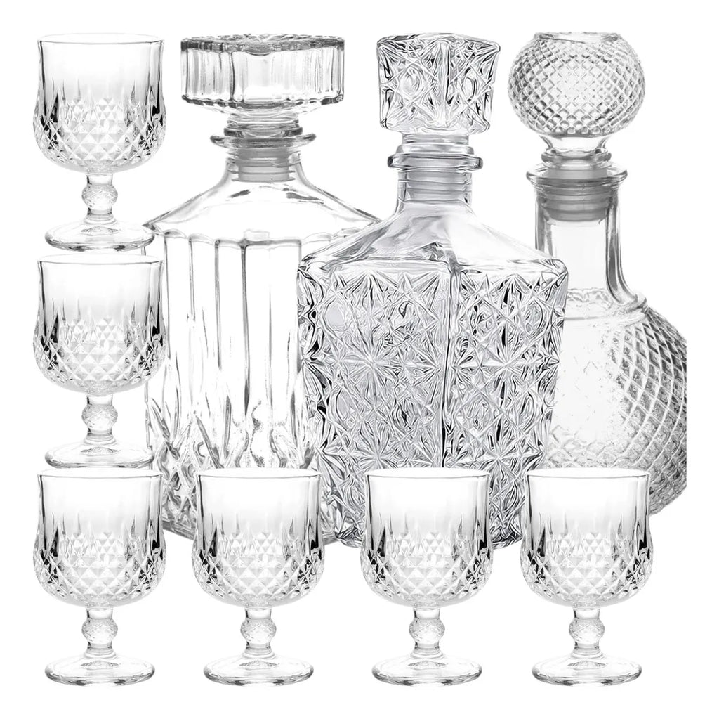 Set of 3 Glass Liquor Bottles + 6 Mini Crystal Goblets