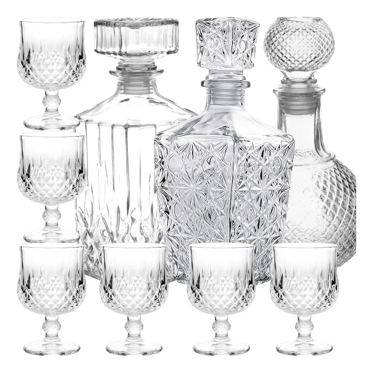Set of 3 Glass Liquor Bottles + 6 Mini Crystal Goblets
