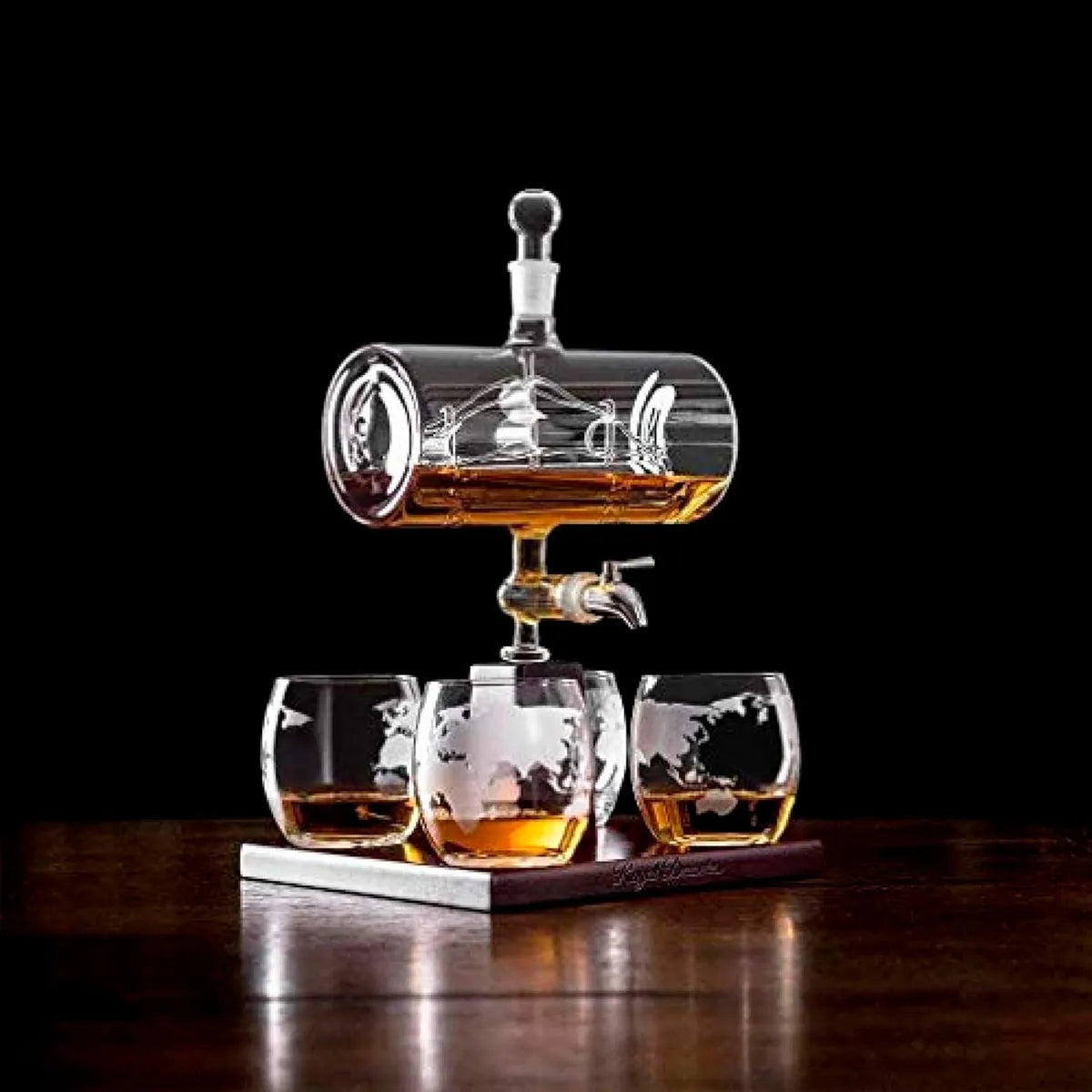 Navigation Decanter with Wooden Base and Four Glasses