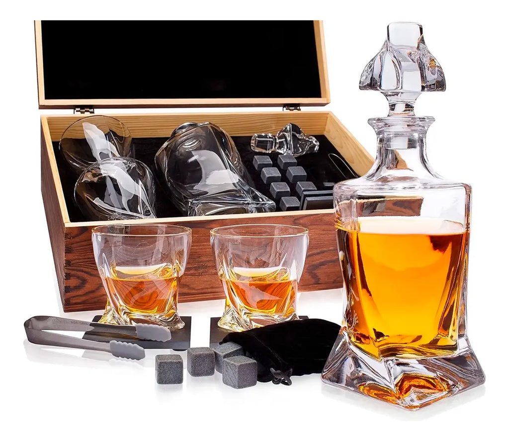 Whisky Decanter with Glasses, Whiskey Stones & Wooden Gift Box