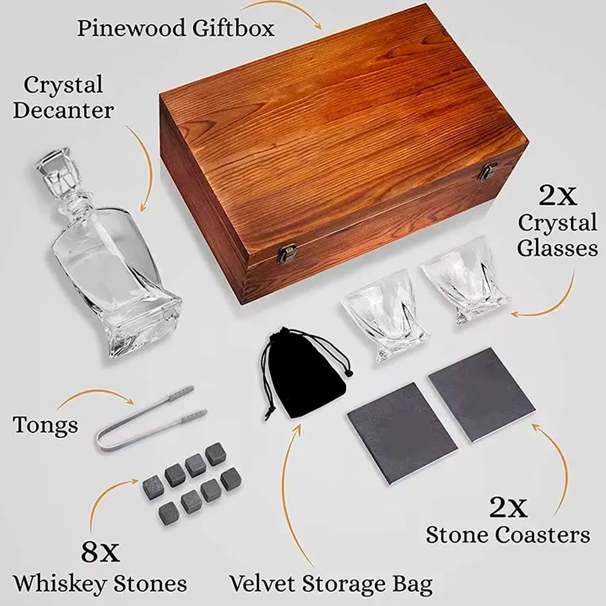Whisky Decanter with Glasses, Whiskey Stones & Wooden Gift Box